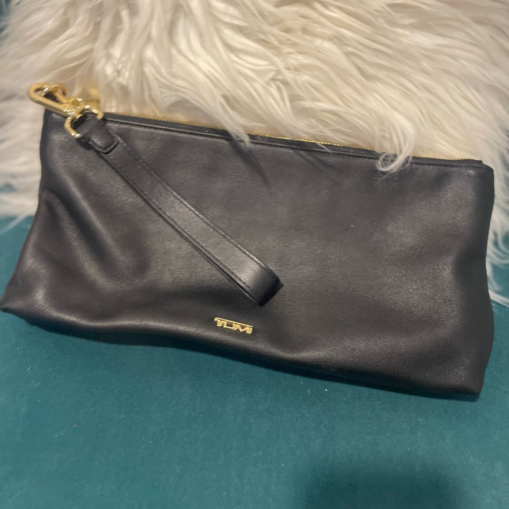 Tumi Black Leather Clutch with Gold Accents
